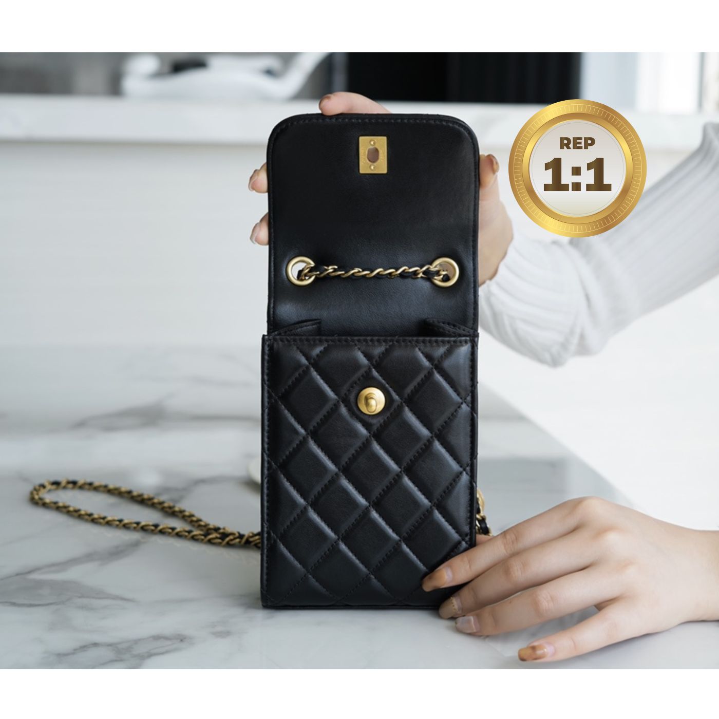 [REP 1:1] Chanel Quilted Phone Holder Bag Black For Women 17cm/6.6in